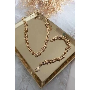 X-lady Accessories Kadın 2'li Gold Kaplama Lüx Model Kalın Zincir Kolye ve Bileklik Seti