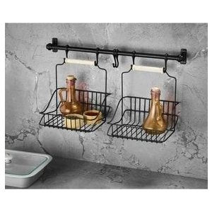 Sas Haus Ferforje Metal Sepet Askı ve Kanca Set Siyah Retro 2 Sepetli