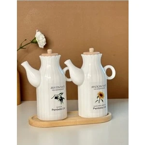 Kitchen Pembelia Bambu Standlı 2'li 1000ML Etiketli Porselen Yağlık 3'lu Yağdanlık Set