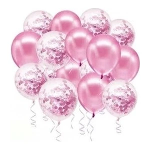 Bal10 Dünyası Pembe Konfetili Şeffaf Balon  Metalik Pembe Balon  Seti 20 Adet