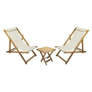 Ahşap Katlanabilir Taşınır Şezlong. Plaj, Bahçe, Teras, Balkon Şezlongu. 3 Lü Set (Krem)