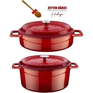 Trendy Döküm 2 Li  Tencere Set Kırmızı 28cm Derin 28 Cm Basık