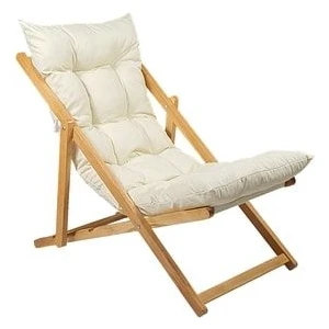 Ahşap Katlanabilir Taşınır Puf Minderli Şezlong. Plaj, Bahçe, Teras, Balkon Için (Krem)