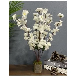 Yapay Çiçek Ahşap Kütük Saksılı Beyaz Bahardalı Palmiye Ağacı Salon Bitkisi 50 cm