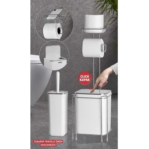 Okyanus Home Krom Yedekli Wc Kağıtlık - Beyaz Çöp Kovası Wc Fırça Seti