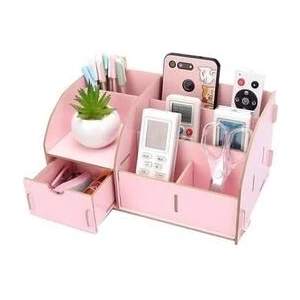 Pembe Çekmeceli Ahşap Masaüstü Kalemlik Kalem Kutusu Organizer