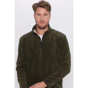 Unisex Standart Fit Rahat Kesim Tüylenme Yapmayan Soğuk Geçirmez Koyu Haki Dik Yaka Polar Sweatshirt