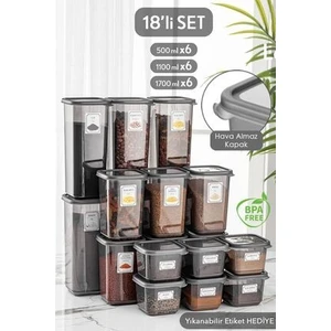 Meleni Home 18'li Set Sızdırmaz Kapaklı Kare Erzak Saklama Kabı 6X(500ML- 1100 Ml- 1700 Ml) Antrasit Etiket Hediyeli