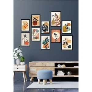 Nt Handmade 10LU Siyah Çerçeve Görünümlü Bohem Yapraklar Duvar Dekoru Salon Oturma Yatak Odası Için Tablo Seti