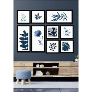 Nt Handmade 9 Parça Ahşap Duvar Dekoru - Mavi Yapraklar Salon Oturma Yatak Odası Mutfak Antre Için Tablo Seti