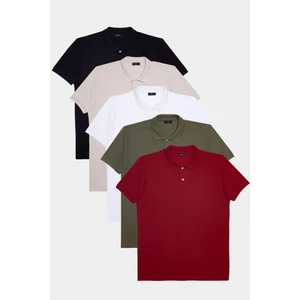 Erkek 5'li Paket Siyah-Gri-Beyaz-Haki-Bordo Slim Fit Dar Kesim Pamuklu Düz Pike Polo Yaka Tişört