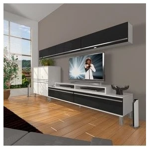 Ekoflex 8 Mdf Krom Ayaklı Tv Ünitesi Tv Sehpası - Beyaz - Siyah