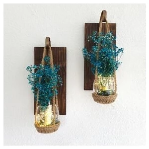 ST Dekor Dekoratif Duvar Apliği Seti Eskitme Ferforje Askılı Ceviz Ahşap 14x30 cm Gün Işığı LED Işıklı Çiçekli