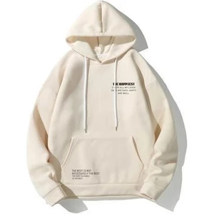Unisex Bej Happiest Baskılı Oversize Kapşonlu Sweatshirt