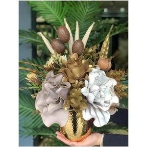Tasarım Moda Yapay Çiçekli Gold Dövmeli Vazo No:4