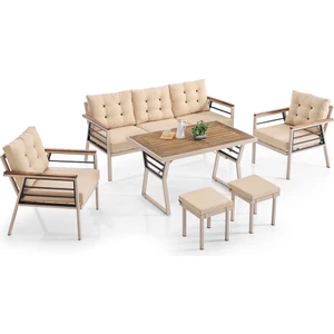 Lara Metal Puflu Bahçe Balkon Takımı 3+1+1+Ahşap Masa Cappuccino