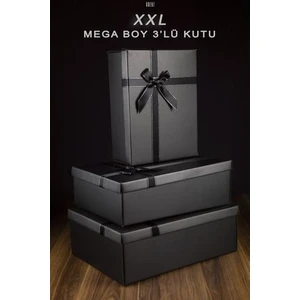 Siyah XXL 3'lü Hediye Kutusu Seti 44x34x15 41x31x13 35x27x12 Gümüş Simli Kurdele