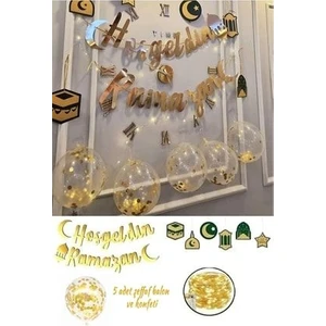 Hayaller Dükkanı  Ramazan Süsleri 6'lı Tavan Sarkıt Süs, Hoşgeldin Ramazan Altın Yazı ve LED ve 5 Adet Şeffa Balon