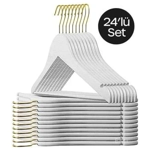 24 Adet - Beyaz Gold Kancalı Ahşap Görünümlü Plastik Askı Kıyafet Elbise Gömlek Askısı