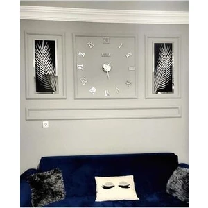 Wooden Factory 3 Parçalı Duvar Saati Seti, Akrilik Pleksi Aynalı Palmiye Yapraklar ve Roma R. Saat