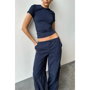 Kadın Basic Tişört  Polyester Bebe Yaka Kısa Kol Lacivert Model MG1725