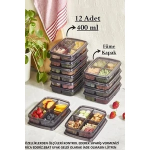 Füme 12 Adet 400 ml Saklama Kabı - 4 Bölmeli Çerezlik Dondurulmuş Et Sebze Buzluk Organizeri