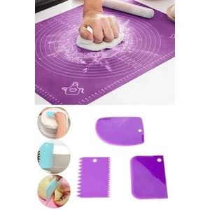 Silikon Hamur Açma Matı Ölçekli Hamur Açma Altlığı ve 3'lü Hamur Kesici Kazıyıcı Dekoratör Set