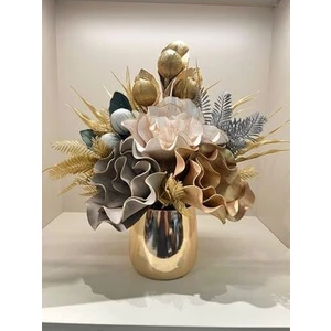 Tasarım Moda Yapay Çiçekli Gold Metal Vazo No:6