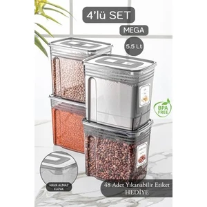 Meleni Home 4'lü Jumbo Boy Un Kabı - Kapaklı Erzak Bakliyat Saklama Kabı - Malzeme Saklama Kutusu 4x5,5 Lt