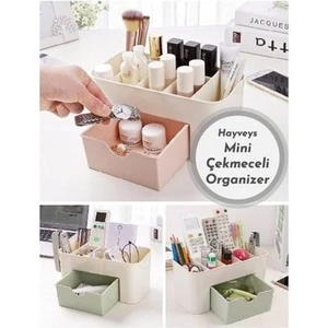 Mini Çekmeceli Kozmetik Düzenleyici Organizer Dayanıklı Plastik 11x22x10.5 cm Yeşil Krem Pembe
