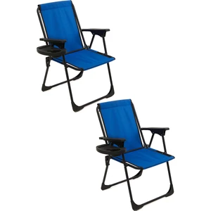 2 Adet Kamp Sandalyesi Katlanır Piknik Sandalye Oval Bardaklıklı Mavi