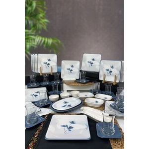 Stoneware Kahvaltı Takımı 12 Kişilik 47 Parça Kare Form Mavi Beyaz Desenli Şık Tasarım
