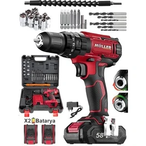 Germany Gray 58 V 10 Ah Çelik Şanzuman Bakır Sargılı Çift Akülü Şarjlı Darbeli Matkap Vidalama 27 Parça Set