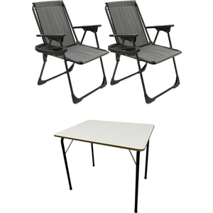 2 Adet Kamp Sandalyesi Katlanır Piknik Sandalye Oval Bardaklıklı Gri + MDF Masa