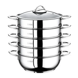 Oms Collection 6090-C - 6 Parça Paslanmaz Çelik, Cam Kapaklı 32x10 Cm - 7 Litre Buharlı Pişirici, Mantı Tenceresi