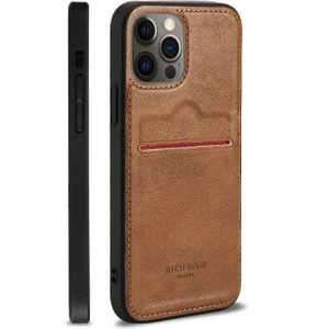 Apple iPhone 12 Pro Kartlıklı Rich Boss Lüx Deri Kılıf Açık Kahve