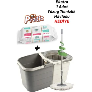 Mr. Pratic Kirli Temiz Su Ayrı 2 Hazneli Döner Mop Başlıklı Double Temizlik Seti Yüzey Temizlik Mendili Hediye