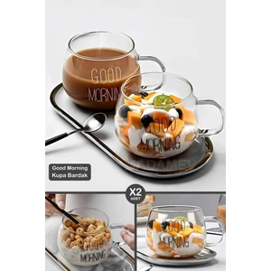 2li Good Morning Kupa Cam Bardak Isıya Dayanıklı Kulplu Stil Kahve Sunum Kahvaltı Süt Bardağı 350ML