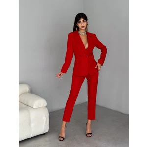Kırmızı Kruvaze Blazer Ceket Havuç Pantolon Takım Elbise