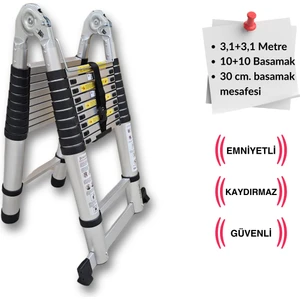 310 + 310 cm. - 10+10  Basamaklı Teleskobik / Teleskopik Merdiven - A Tipi Uzayan Merdiven