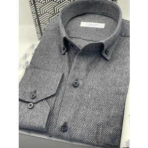 Klasik Uzun Kol Kışlık Yaka Düğmeli Yünlü %100 Cotton Hediye Kutulu Erkek Gömlek (Code: Y.2697) - Lacivert