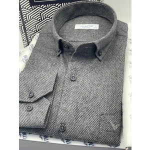 Klasik Uzun Kol Kışlık Yaka Düğmeli Yünlü %100 Cotton Hediye Kutulu Erkek Gömlek (Code: Y.2697) - Antrasit