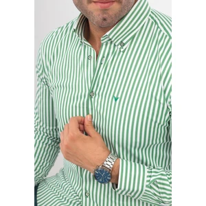 Slim Fit Uzun Kol Likralı Çizgili Yaka Düğmeli Hediye Kutulu Erkek Gömlek (Code:ı.king Kalın) - Yeşil