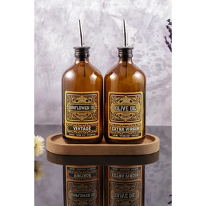 500ML Amber Renkli  Ahşap Stantlı Vintage Desenli Cam Yağdanlık 2'li Set Zeytinyağı Sıvıyağ Şişesi