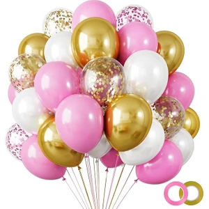 Balon Diyarı  15 adet Pembe-Beyaz Krom Gold- şeffaf Konfetili Kaliteli balon seti