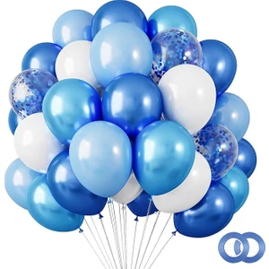 Balon Diyarı  10 adet Lacivert - Açık mavi - Beyaz- Konfetili şeffaf balon , Metalik Pastel Karışık  Kaliteli Balon Seti