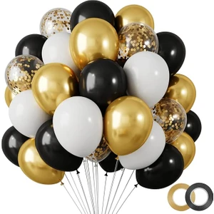 Balon Diyarı  10 adet Siyah - Beyaz- Konfetili şeffaf balon , Metalik gold balon  Kaliteli Balon Seti