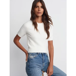 10651 Bisiklet Yaka Yumuşak Dokulu Kısa Kol Triko Kazak-Ekru