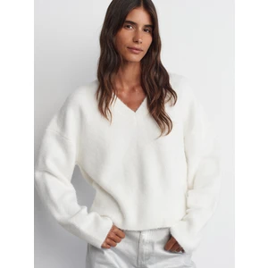 10645 V Yaka Yumuşak Dokulu Triko Kazak-Ekru