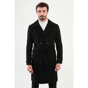 Düz Siyah Slim Fit Geniş Yaka Kuşaklı Kruvaze Kaşe Uzun Erkek Kaban